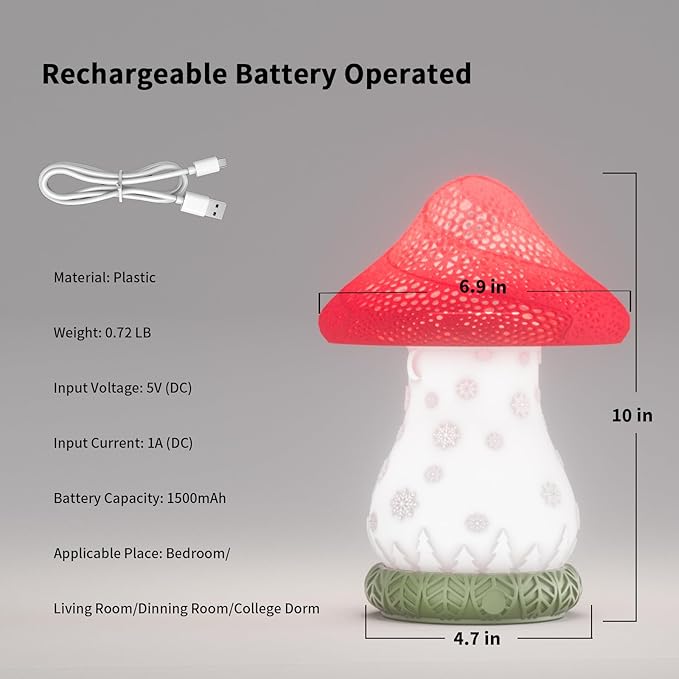 Table Lamp for Bedroom - USB C Charging Mushroom Lamp with 360° Rotating Lampshade, Touch Control 3 Color Temperatures Nightstand Lamp for Dinning Room, Living Romm, Dorm