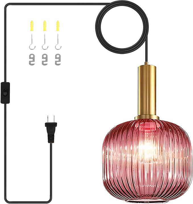 Pink Pendant Light Plug in Glass Chandelier Lighting Vintage Gold Hanging Lamp Plug in Light Fixtures Ceiling Hanging Lights with Long Cord for Living Room Dining Room Bedroom Kitchen Island