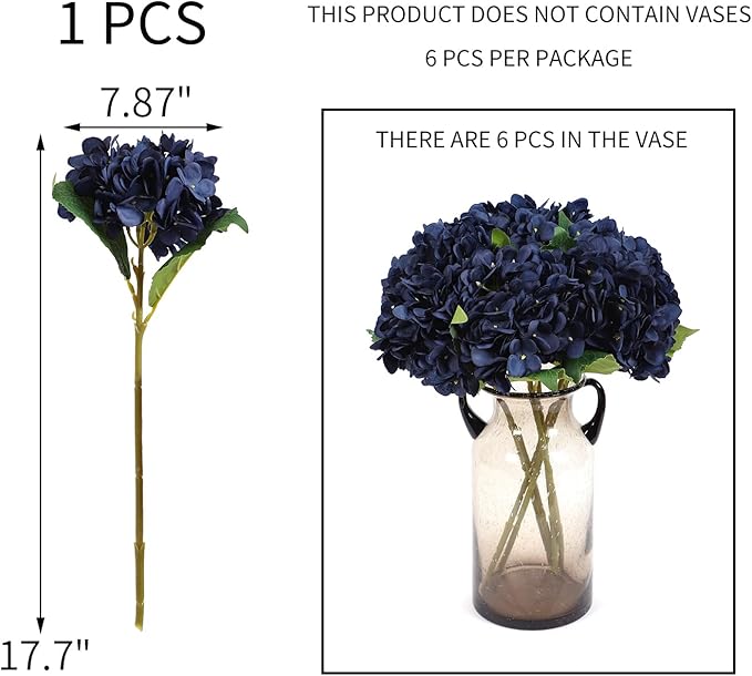 Kimura's Cabin 6pcs Navy Blue Artificial Silk Hydrangea Flowers Fake Hydrangeas with Stems Hydrangeas Bouquet for Wedding Home Halloween Party DIY Dining Table Decoration（Navy Blue）