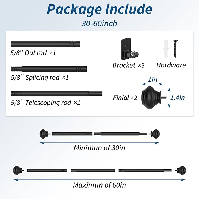 Black Curtain Rod for Windows 30 to 60 Inches,5/8 Inch Diameter Small Curtain Rods Set with Adhesive Brackets,Renter Friendly Adjustable Curtain Rods for Bedroom,Living room
