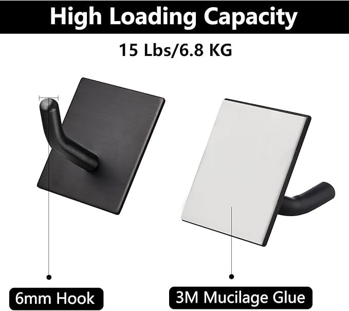 Heavy Duty Adhesive Hooks, Stick on Wall Adhesive Hangers, Strong Stainless Steel Holder, Self Adhesive Hooks for Kitchen Bathroom Home Door Towel Coat Key Robe 6 Packs Black