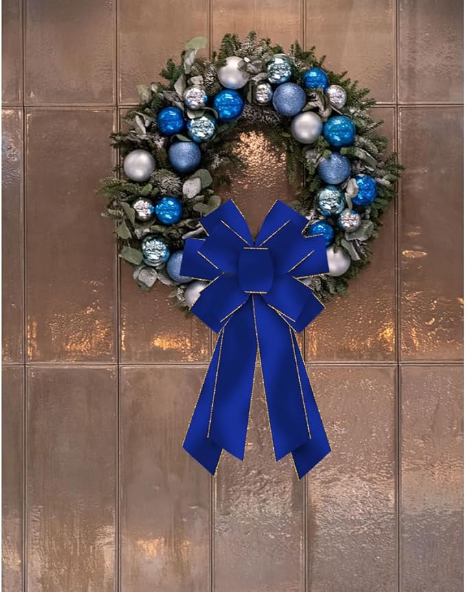 Large Christmas Wreath Bows, Royalblue Prussian Blue Gold Velvet Ribbon Bows for Wreath, Large Tree Topper Burlap Bows for Christmas Home Indoor Outdoor Xmas Party Decoration Wreath Ornament Supplies