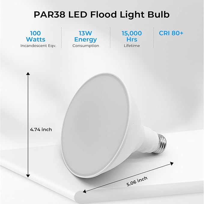 Bright White PAR38 LED Flood Light Bulbs Outdoor, 5000K Daylight, 13W, 100W Equivalent, 1050 Lumens, Dimmable, Waterproof E26 Base, Long-Lasting LED Security Light, 2 Pack
