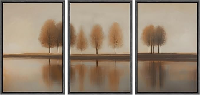 SIGNWIN Framed Canvas Print Wall Art Set Golden Autumn Trees by The Lake Tranquil Nature in Warm Earth Tones Illustrations Modern Art Decorative Zen for Living Room, Bedroom, Office - 16"x24"x3 Black