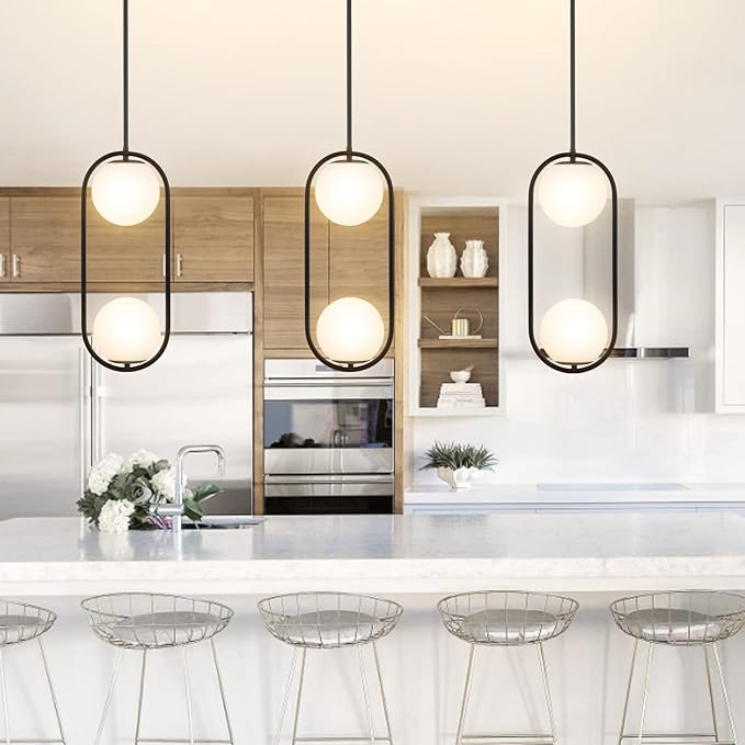 2-Lights Modern Globe Chandelier Mid Century Pendant Light Matte Black Ceiling Hanging Lighting Fixture with White Globe Glass Lampshade for Kitchen Island Dining Room Bedroom