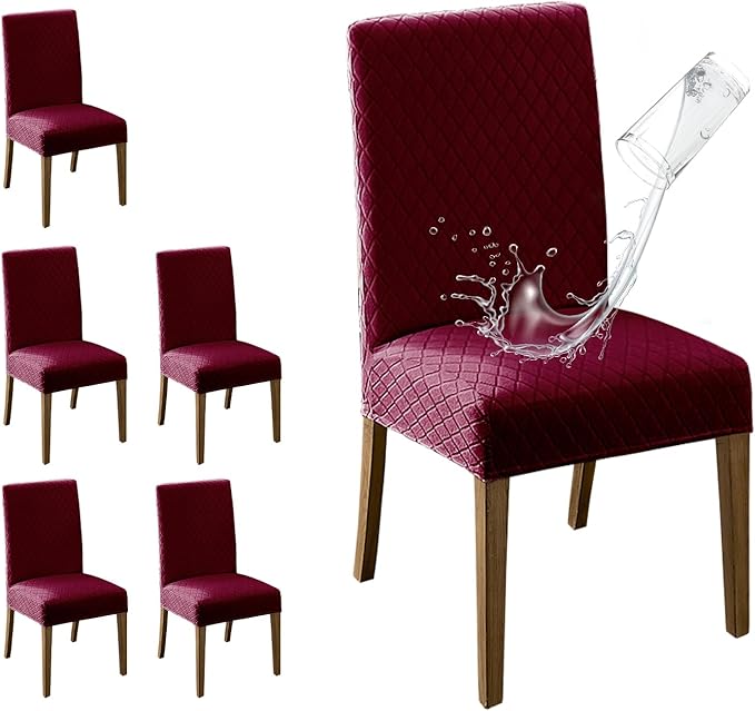 MOSAYT 100% Waterproof Dining Room Chair Covers Set of 6, Super Fit Stretch Jacquard Parson Chairs Slipcovers Removable Washable Chair Seat Protectors for Home, Kitchen, Banquet (Burgundy - XL)