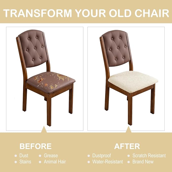Waterproof Seat Cover for Dining Room Chair Seat Covers Washable Kitchen Chair Seat Slipcovers Protector (Beige, 4 PCS)