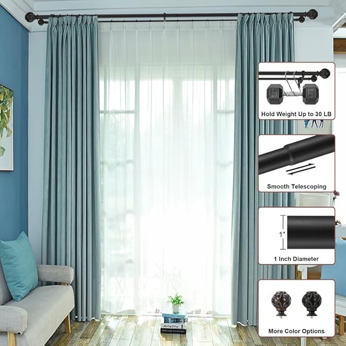 Matte Black Double Curtain Rods 28 to 48 Inch, Decorative Double Window Rod with Classic Finials, 1-Inch Front and 5/8 Inch Back Double Rod Drapery Rods