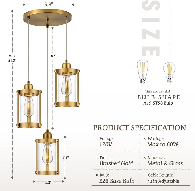 3-Light Pendant Lighting, Brushed Gold Dining Room Chandelier Light Fixture Over Table with Clear Glass, Modern Cluster Hanging Lights for Kitchen Island Sink, OS-3014-3BG