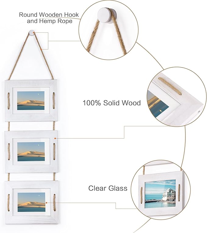 DLQuarts 5x7 Hanging Picture Frames Collage Wall Decor, 3-Frame Set, 3.5x5 with Mat or 5x7 Without Mat, Rustic Solid Wood Photo Frame Pack of 2 Vintage White