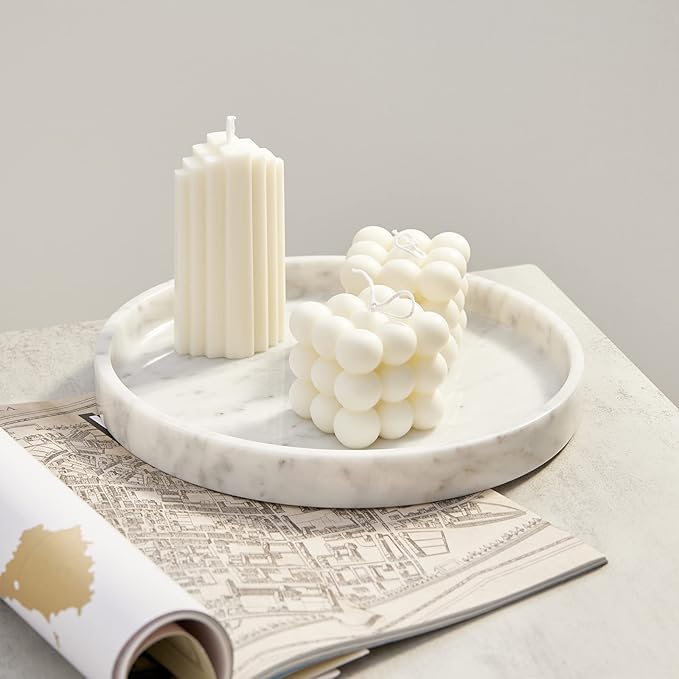 𝐋𝐮𝐱𝐮𝐫𝐲 𝐈𝐭𝐚𝐥𝐢𝐚𝐧 100% Marble Round Vanity Tray 10‘’, Minimalist Modern Decor & Serving Trays for Bathroom, Kitchen, Nightstand, Jewelry Ring Dish Holder, Table Accents Decor, White