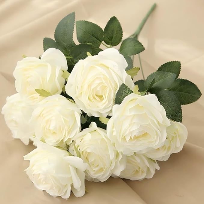 Jasion Artificial Roses 10 Heads 2.8" Flowers Arrangement Silk Bouquet for Home Office Parties Bridal Wedding Decoration (White)