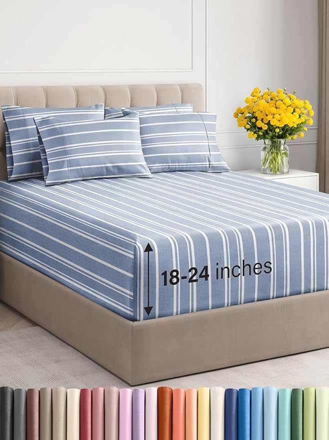 Extra Deep Full Sheet Set - 6 Piece Breathable and Cooling Sheets - Hotel Luxury Bed Sheets Set - Easy Fit - Soft, Wrinkle Free and Comfy Sheets Set - Blue Striped Sheet Set with Extra Deep Pockets