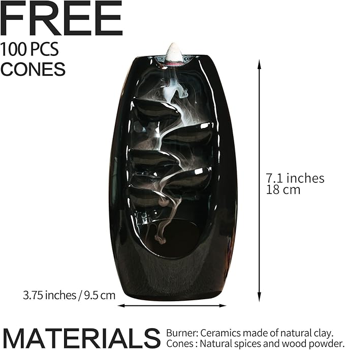 INONE Ceramic Incense Burner with 120 Cones, Waterfall Backflow Incense Holder, Aromatherapy Ornament, Zen Decor, Home Decor, Room Decor (Black)
