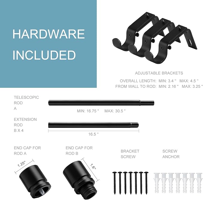 Curtain Rods for Windows 16 to 88 Inches Adjustable Length 1 Inch Diameter Window Curtain Rod with Aluminium Finials, Black (Pack of 2)