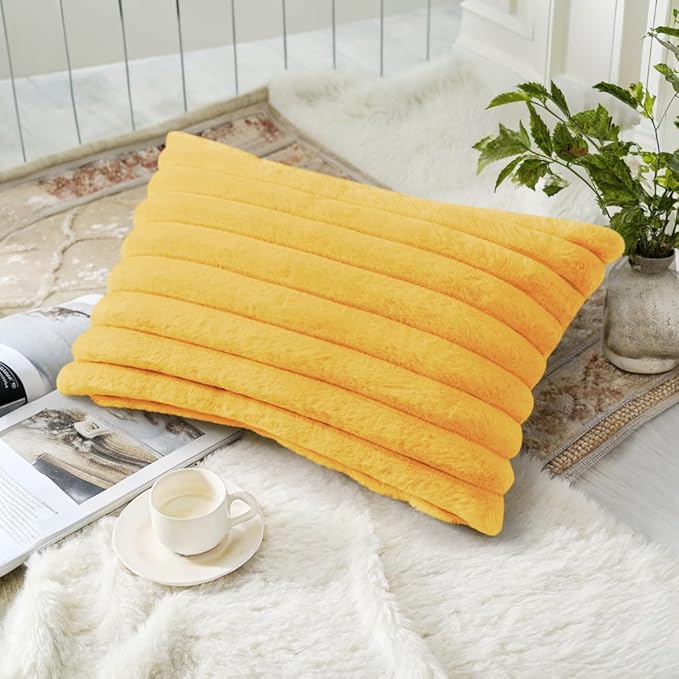 decorUhome Faux Fur Christmas Throw Pillow Covers 12x20 Set of 2, Decorative Soft Plush Striped Neutral Couch Euro Pillow Covers with Velvet Back for Sofa, Bed, Living Room Home Decor, Mustard Yellow