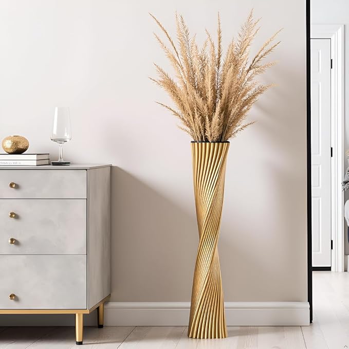 23.6" (60cm) Tall Gold Floor Vase for Pampas Grass, Floor Vases for Modern Geometry Decor - Minimalist Skinny Unique Shape Flower Vase for Farmhouse Entryway, Fireplace,Shelf