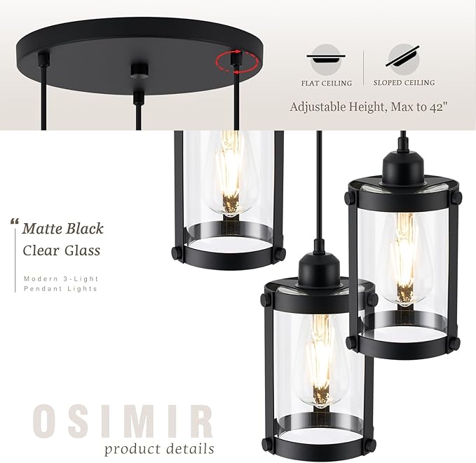 3-Light Pendant Lighting, Black Dining Room Chandelier Light Fixture Over Table with Clear Glass, Modern Cluster Hanging Lights for Kitchen Island Sink, OS-3014-3BK