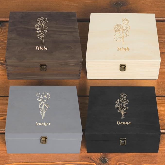 Personalized Birth Flower Memory Box Custom Engraved Wooden Keepsake Chest with Floral Design - Storage Boxes for Jewelry Photos Memento Keepsakes Customized Gifts for Women Birthday Valentine’s day