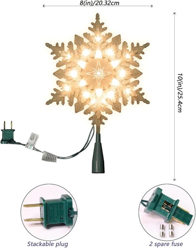 LAMPHOME 10" 20L Lighted Frosted White Stacked Snowflake Tree Topper, Lighted Snowflake Christmas Tree Topper,Warm White