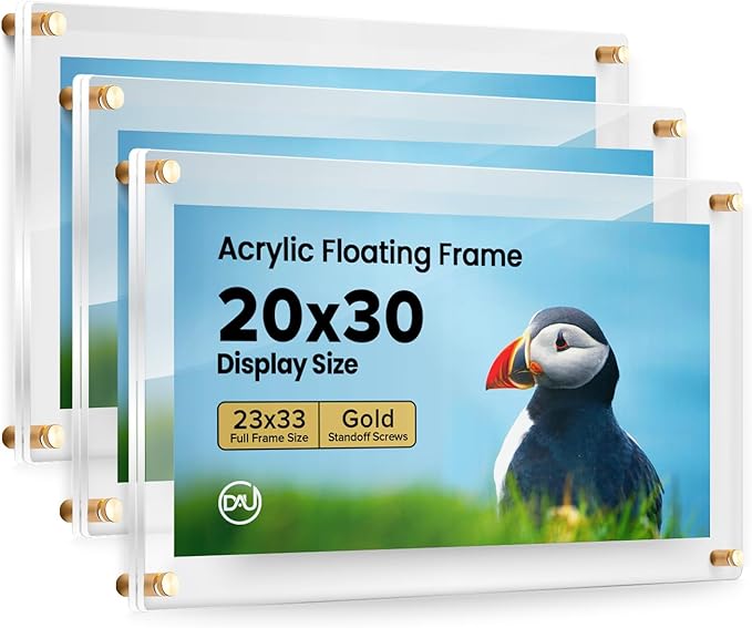Acrylic Floating Frames Gold Standoffs (3-Pack) 20" x 30" Clear Acrylic Frames for Wall Mount Floating Picture Frame, Diploma Poster Certificate Hanging Photo Display Degree Prints Artwork Documents