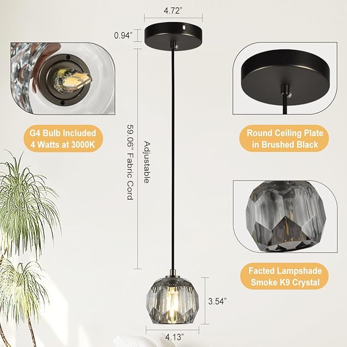 Modern Smoke Pendant Light, Brushed Black Ceiling Light Small Crystal Pendant Light Kitchen Island, Single Pendant Hanging Light Fixture for Dining Room Bathroom
