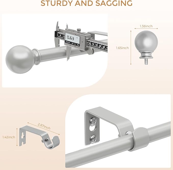 Silver Curtain Rods 18 to 60 Inches(1.5-5 Feet),5/8 inch Splicing Drapery Rods,Small Curtain Rods Set,Size: 18''-60'',Silver