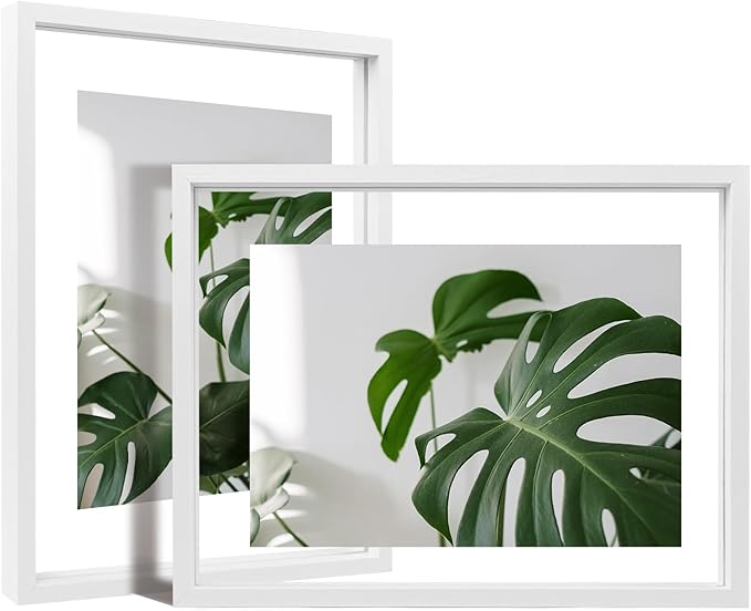 Egofine 9x12 Floating Frames Set of 2, Double Plexiglass Picture Frame, Made of Solid Wood Display Any Size Photo up to 9x12, Wall Mount or Tabletop Standing, White