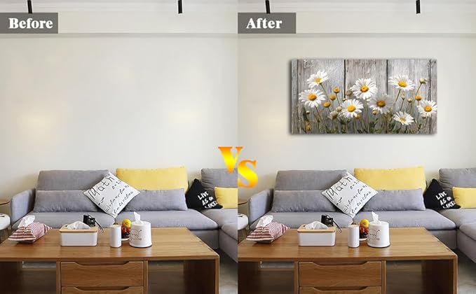 KZKU Rustic Daisy Canvas Wall Art-White Flowers on Weathered Wood Background-Large Modern Farmhouse Decor for Living Room Bedroom 24X48in