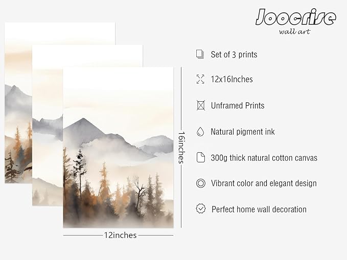 Neutral Mountain Wall Art Decor Set of 3 Forest Canvas Wall Art Poster Landscape Wall Art Artwork Modern Pictures Abstract Painting Watercolor Prints for Living Room Bedroom 12x16 Inch Unframed