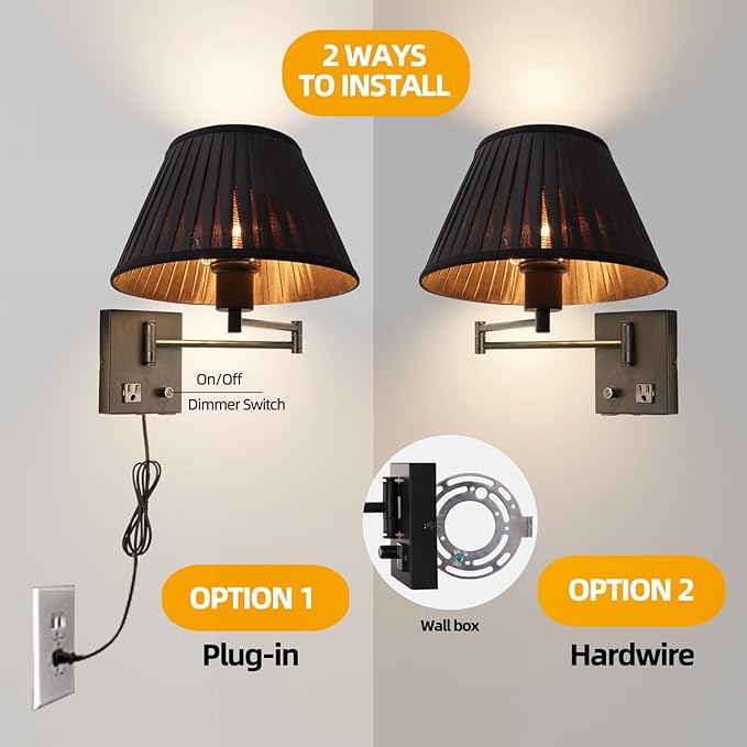 Plug in Wall Sconce 17" Swing Arm Wall Lamp with Plug in Cord and Dimmable Switch Black Sconces Lighting with USB Port and AC Outlet Wall Mounted Lamp Suitable for Bedroom Living Room Hallway.