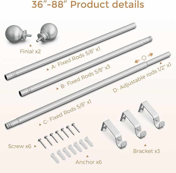 White Curtain Rods 48 to 84 Inches(4-7 Feet),5/8 inch Splicing Drapery Rods,Small Curtain Rods Set,Size: 36''-88'', White