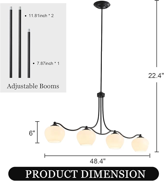 4 Lights 22.4" Kitchen Island Lighting Matte Black Dining Room Light Fixture Adjustable Rods Farmhouse Chandelier Pendant Lighting with Opal Glass Lampshade for Kitchen Over Table Living Room Entry