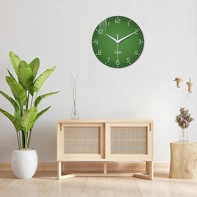 XNM Green Wall Clock for Living Room 16 Inches or Larger Modern Glass Wall Clock for Women Silent Wall Clocks Battery Operated