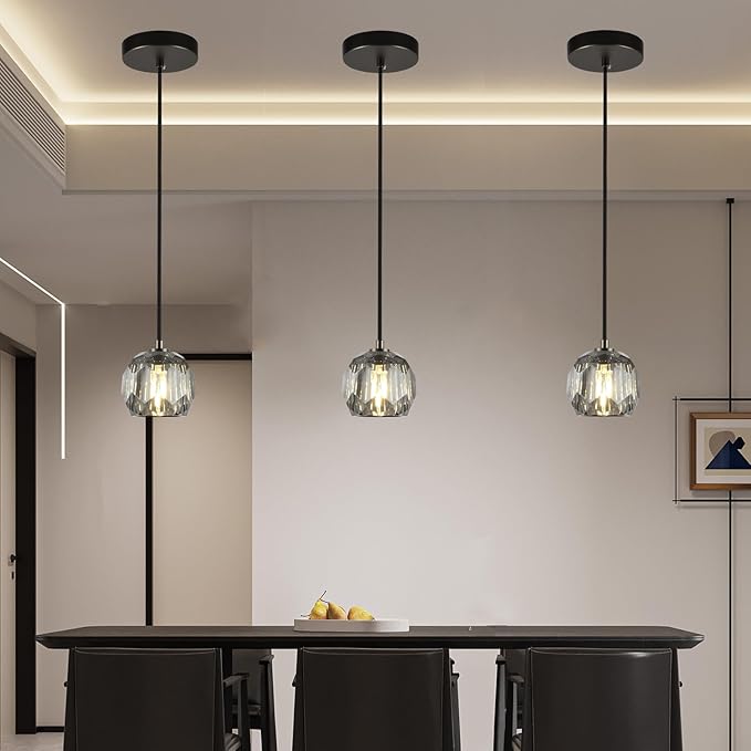 Small Crystal Hanging Lights, Modern Black 1 Light Pendant Light Fixture, Small Raindrop Farmhouse Chandelier for Bedroom Dining Room Kitchen Island Entryway