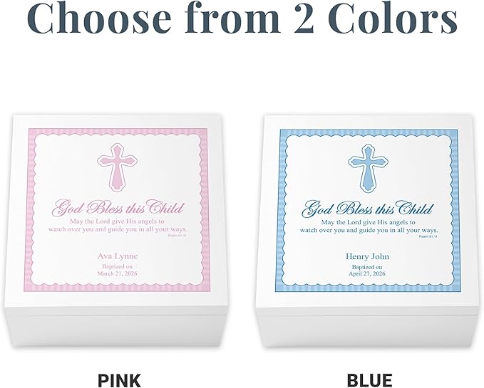 Let's Make Memories Personalized Keepsake Box for Blessed Child - Memories Box - Baptism - Confirmation - Memento Storage - For Boys - 6" Hx12 Sq - God Bless - Blue