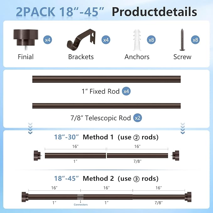 2 Pack Bronze Curtain Rods for Windows 30 to 42 Inch(2.5-3.5ft), 1 Inch Diameter Heavy Duty Curtain Rods, Adjustable Curtains Rod, Modern Decorative Drapery Rod, 30-42" Brown