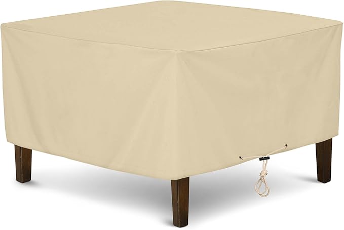 SunPatio Outdoor Ottoman Cover, Heavy Duty Waterproof Square Coffee Table Cover, Patio Furniture Side Table Cover, All Weather Protection, 32" L x 32" W x 18" H, Beige