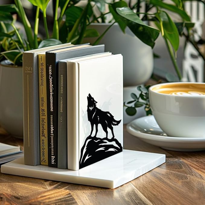 Peacoblue Metal Bookends for Shelves, Modern Decorative Heavy Duty Study Book Support Stoppers for Office, Desk, Shelf, Room 5.3"x4.3"x6.4" Cast Iron Simple Tall Bookends, 1 Pair (Howling Wolf)