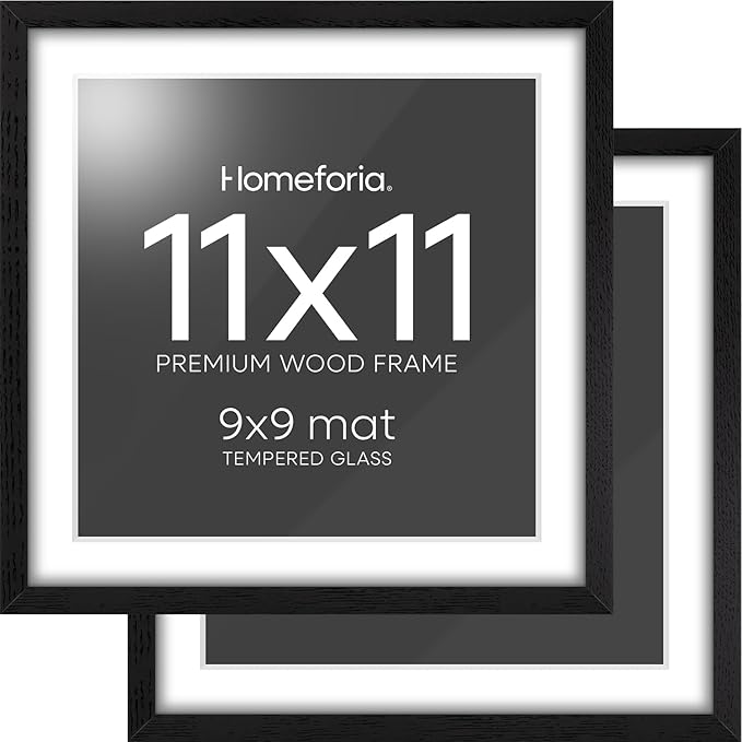 Homeforia 11x11 Black Wood Frame, High-End Oak 11 x 11 Square Picture Frames with Mat 9 by 9 inch Photo, 11by11 Wooden Frame Matted to 9x9 Art, Wall Hanging Frames, Tempered Glass, Wall Kit, Set of 2