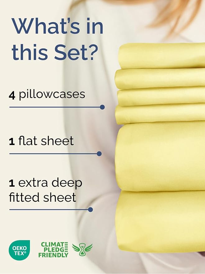Extra Deep King Sheet Set - 6 Piece Breathable and Cooling Sheets - Hotel Luxury Bed Sheets Set - Easy & Secure Fit - Soft, Wrinkle Free and Comfy Sheets Set - Yellow Sheet Set with Extra Deep Pockets