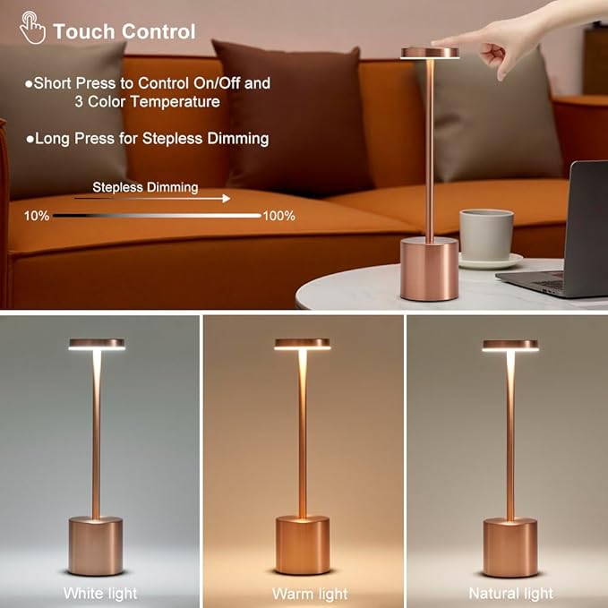 2 Pack Rechargeable Cordless Table Lamps, Portable 5000mAh Battery Table Light, 3 Color Stepless Dimming LED Table Light with Memory Function, Touch Lamp For Outdoor/Patio/Restaurant(Rose Gold)