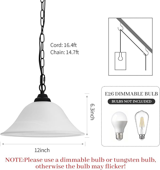 Vintage Plug in Pendant Light,Hanging Lights with Plug in Cord,16.4Ft Cord & 14.7Ft Chain Dimmable Black Hanging Light Fixture,Hanging Lamp with On/Off Switch for Kitchen,Bedroom,Living Room