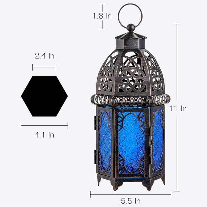 DECORKEY Vintage Candle Lantern, 12.8’’ Moroccan Style Decorative Metal Hanging&Tabletop Lantern, Ramadan Christmas Candle Holder Decorations for Home Outdoor Patio (Blue)