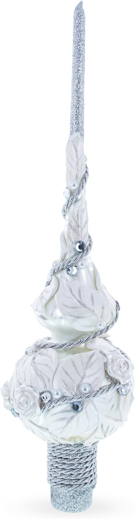 White Roses with Leaves on White Glass Christmas Tree Topper 11 Inches