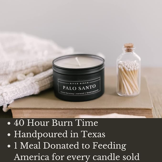 River Birch Premium, All-Natural, Non-Toxic Soy Candle | Palo Santo Scented | 8 oz. Black Matte Tin Travel Candle | Cozy Relaxing Gifts for Home