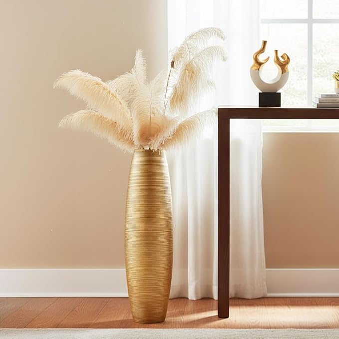 Tall Floor Vase, 27.5 inches (70cm, 2.3FT) Tall Vases Sturdy, Luxury, Textured for Decorative Branches Dried Flowers, Floor Vase for Rustic Living Room, Shelf Decor, Resin Gold