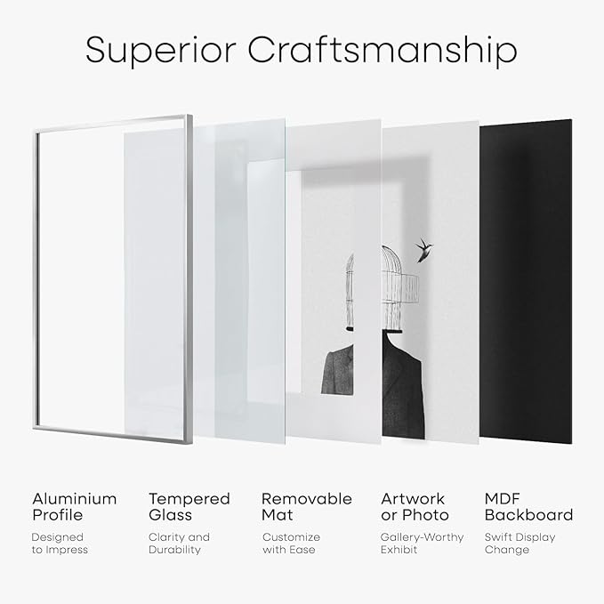 Homeforia 11x11 Picture Frame Silver, High End Metal 11 by 11 Square Frames with Mat 9 x 9 Photo, 11x11 Thin Poster Frame Matted to 9x9 inch Art, Wall Hanging Frame, Tempered Glass, Wall Kit, Set of 3