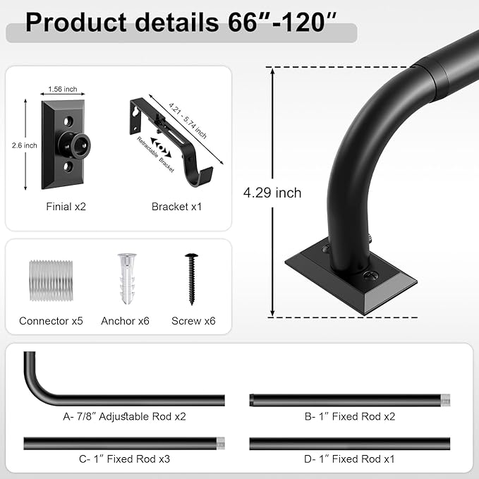 Black Curtain Rods, Heavy Duty Wrap Around Curtain Rod for Windows 66 to 120 Inch, Adjustable Decorative Blackout Drapery Pole, Modern Room Darkening Rod for Blackout Curtains, Matte Black