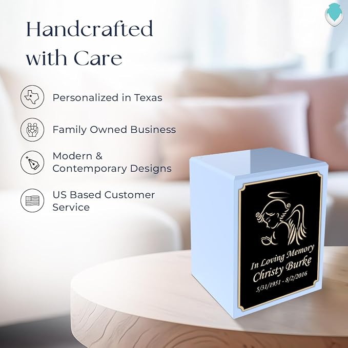 GetUrns Custom Angel Small Urn Box for Human Ashes I Personalized Wooden Keepsake Cremation Urn for Male or Female I Light Blue Memorial Box I 40lbs
